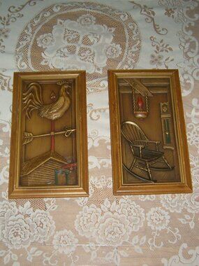Pair Vintage Turner Wall Accessories 3D Colonial Scene, Rooster & Rocker